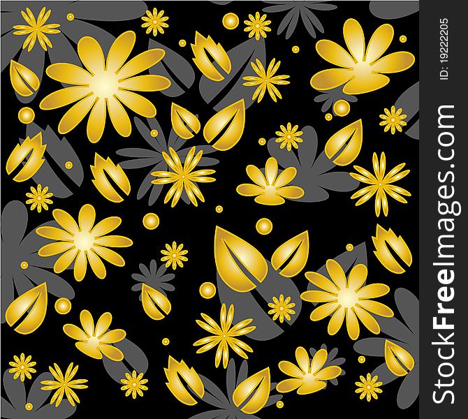 Black background with many golden flowers and bulbs