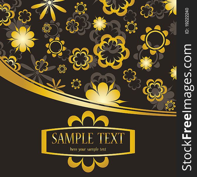 Black background with different golden flowers and sample text. Black background with different golden flowers and sample text