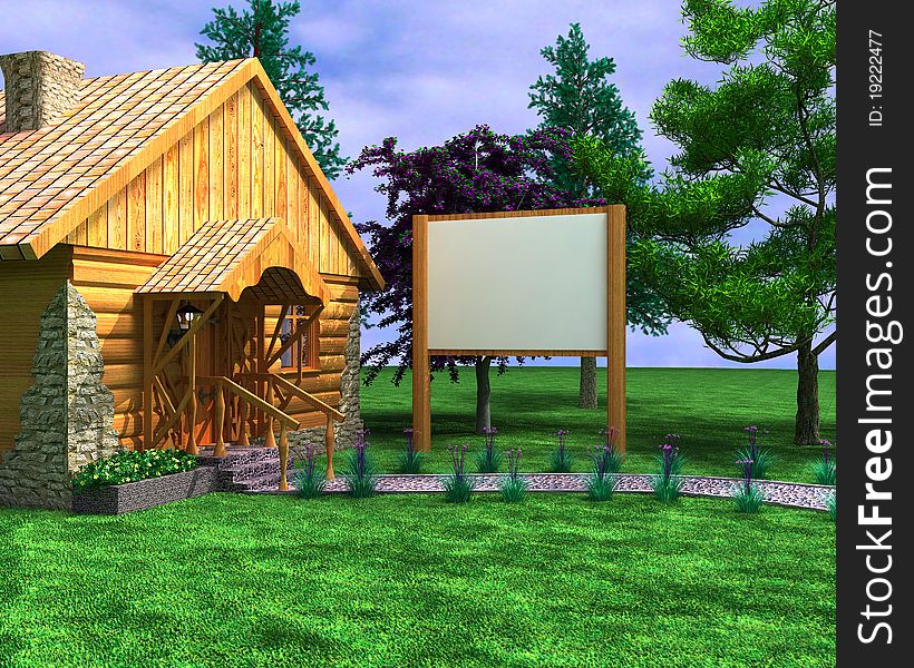 Landscape with a wooden house, on a background trees, underline by a signboard. Landscape with a wooden house, on a background trees, underline by a signboard.