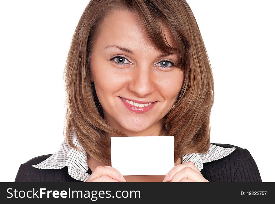 Portrait of a beautiful young woman with blank business card on white background. Portrait of a beautiful young woman with blank business card on white background