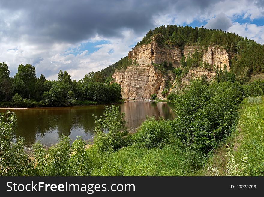 Rock on the river Jurjuzan. Southern Ural.