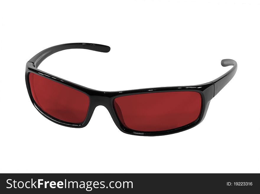 Black plastic sunglasses with red lenses