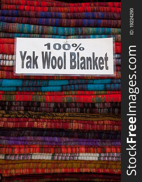 Very popular yak wool blankets on the stall in Thamel market, Kathmandu, Nepal. Very popular yak wool blankets on the stall in Thamel market, Kathmandu, Nepal