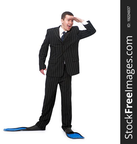 Man In A Business Suit And Flippers For Swimming
