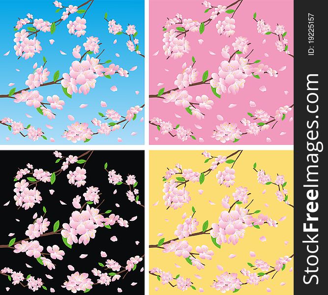 Flowering fruit trees on color background