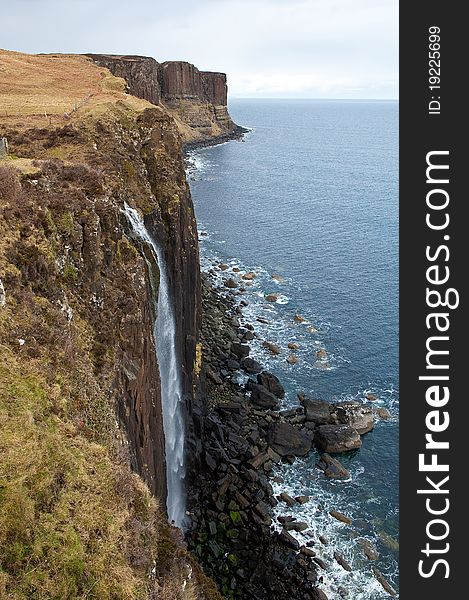 The waterfall of Kilt Rock on the Isle of Skye in Scotland