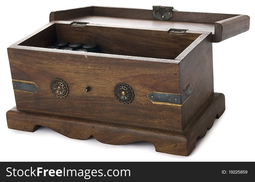 Opened wooden chest on the white background