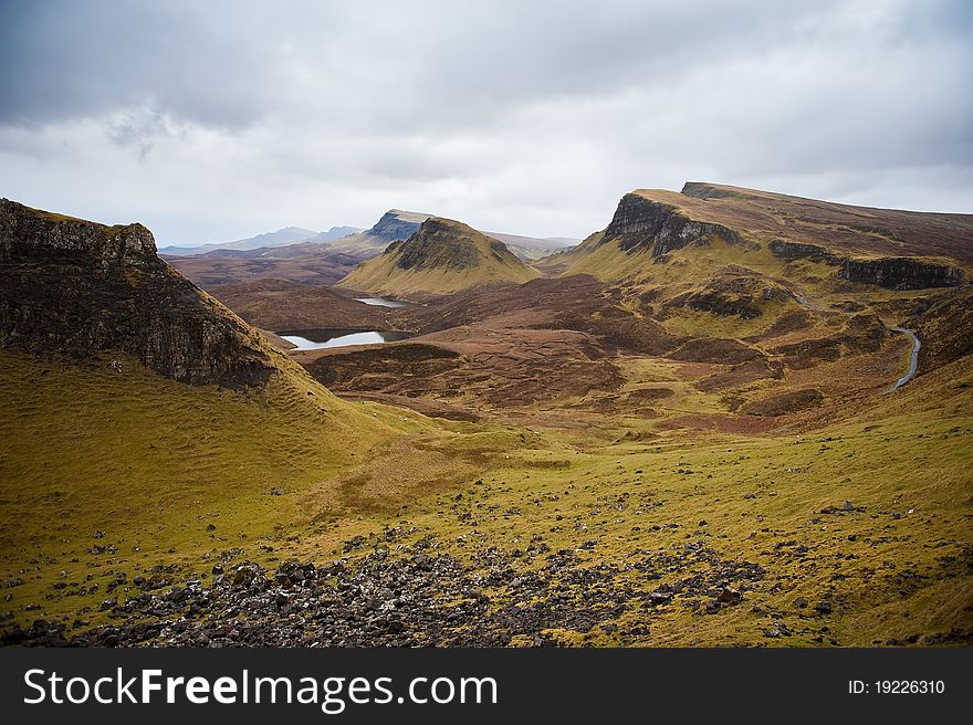 The Quairing mountains on the Isle of Skye in western Scotland. The Quairing mountains on the Isle of Skye in western Scotland