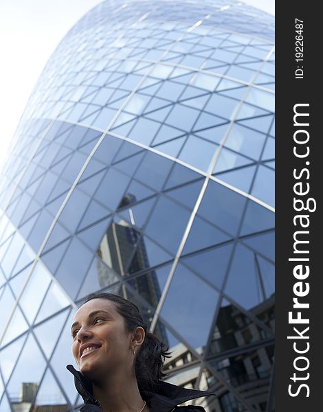 Woman In Front Of 30 St Mary Axe In London
