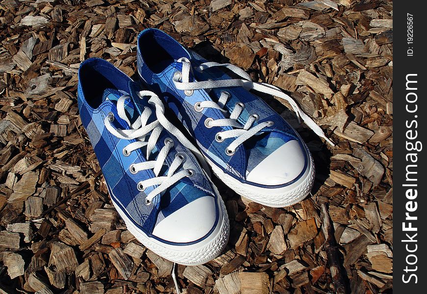 Closeup of blue sneakers on a wood background