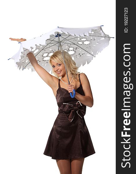 Young blond woman hold a leaky umbrella. Young blond woman hold a leaky umbrella