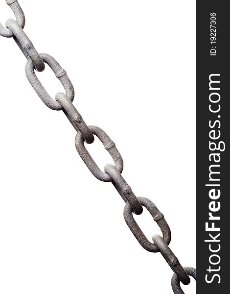 A close-up view of a worn metal chain, isolated on a pure white background. A close-up view of a worn metal chain, isolated on a pure white background