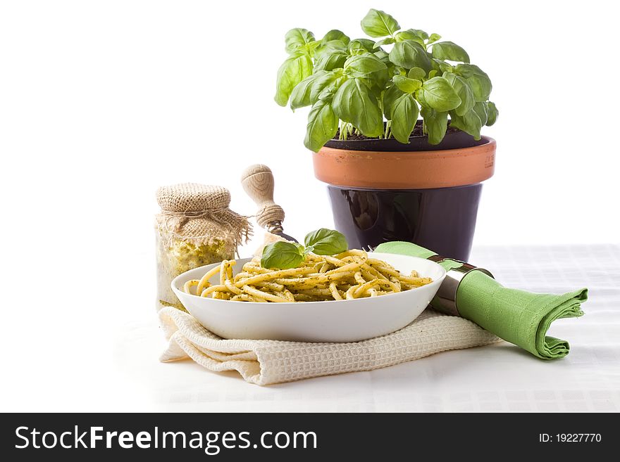 Photo of traditional italian food pasta with pesto with different ingredients