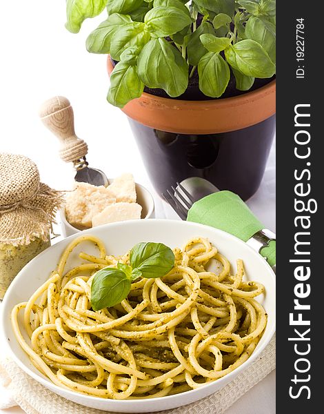 Photo of traditional italian food pasta with pesto with different ingredients