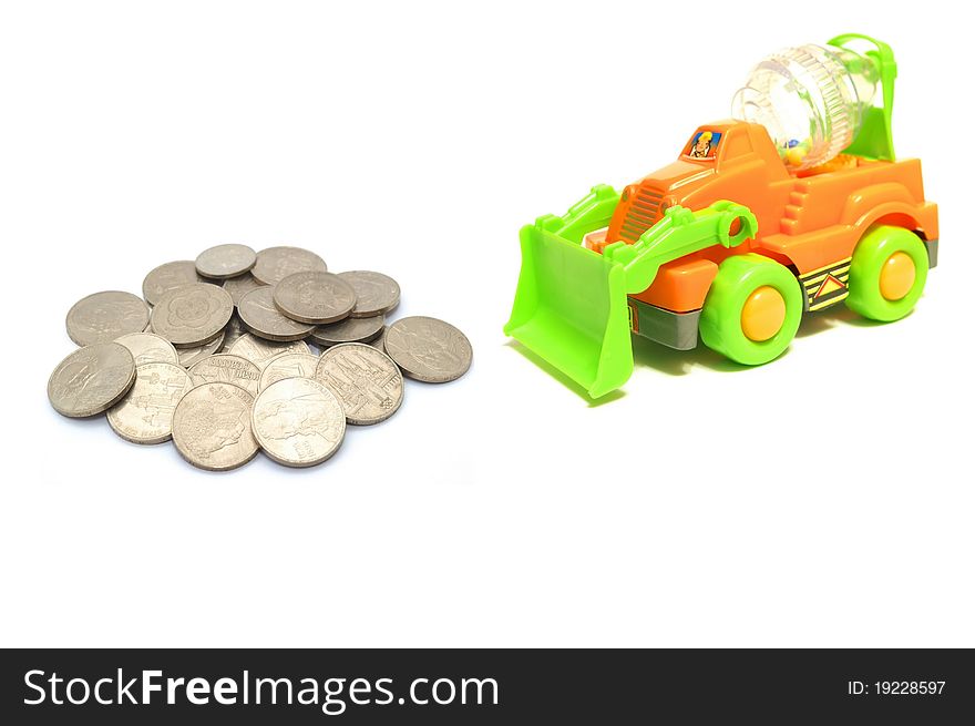 Photo of the Money and truck on white background. Photo of the Money and truck on white background