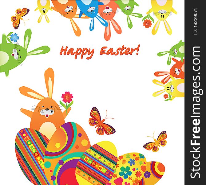Easter illustration with the hare and eggs in the grass with butterflies and flowers and place for text. Easter illustration with the hare and eggs in the grass with butterflies and flowers and place for text.