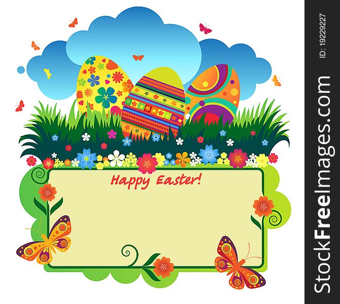 Easter eggs decorated with the image in the green grass with butterflies and flowers and place for text. Easter eggs decorated with the image in the green grass with butterflies and flowers and place for text.