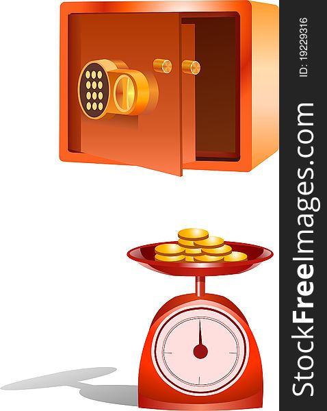 Illustration of bank safe and basket scale full of gold coins.