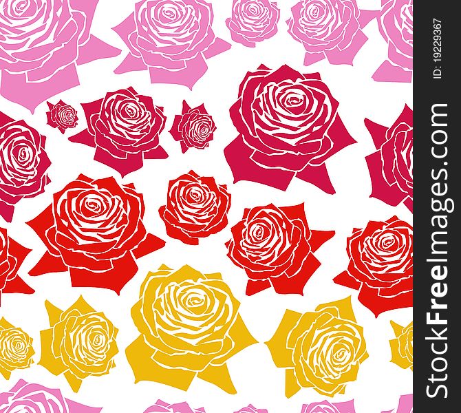 Seamless pattern pink, red and yellow roses in lines. Seamless pattern pink, red and yellow roses in lines