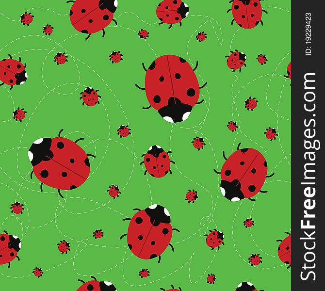 Seamless green background with Ladybirds on dotted lines