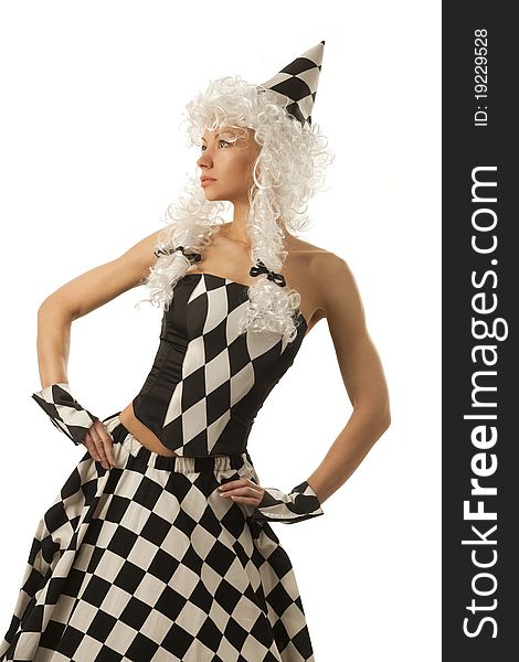 Female in chess Queen suit over white background