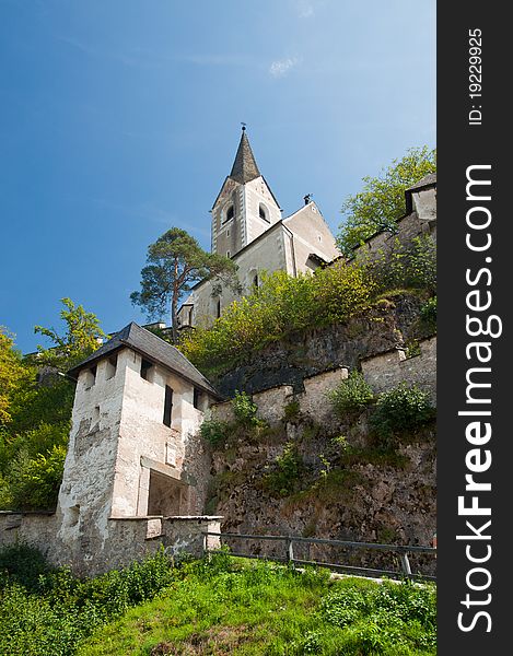 Tower medieval castle Hohostervits, located on the mountain, Austria, K?rnten. Tower medieval castle Hohostervits, located on the mountain, Austria, K?rnten