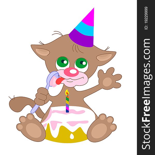 A little kitten sits with a spoon and cake