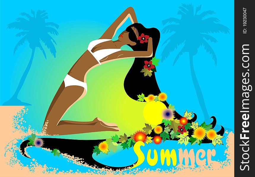 Illustration of the suntanned girl in bikini on a beautiful background. Illustration of the suntanned girl in bikini on a beautiful background.