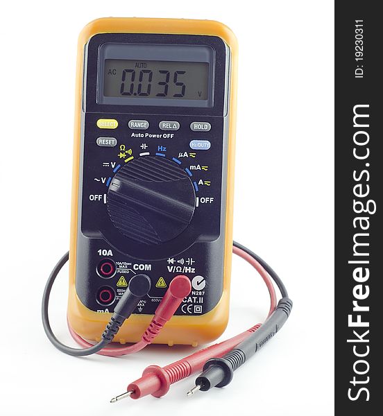 Electronic multimeter with cable probes isolated on a white background