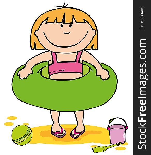 Little girl on the beach . Vector illustration