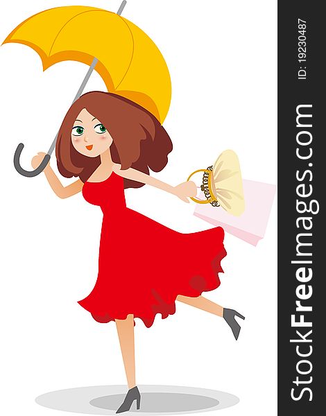 Abstract illustration of shopping girl Holding umbrella