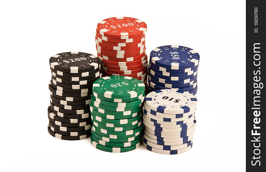 Bunch of casino chips isolated on white