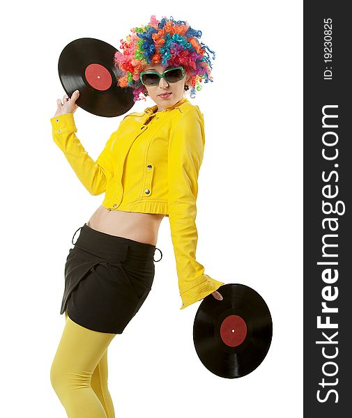 The girl in a color wig with a disk. The girl in a color wig with a disk