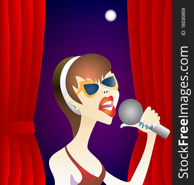 Background with singing woman, curtain and microphone. Background with singing woman, curtain and microphone.