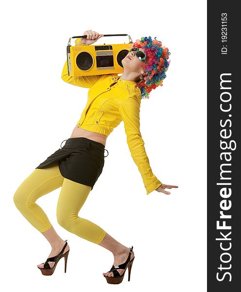 The girl in a color wig with the old tape recorder. The girl in a color wig with the old tape recorder