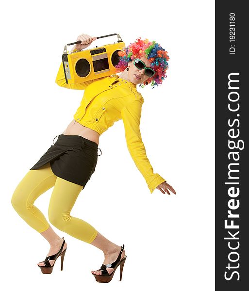 The girl in a color wig with the old tape recorder. The girl in a color wig with the old tape recorder