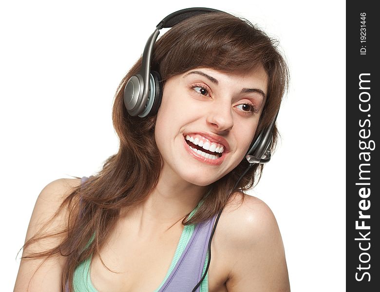 Happy girl with headset isolated on white