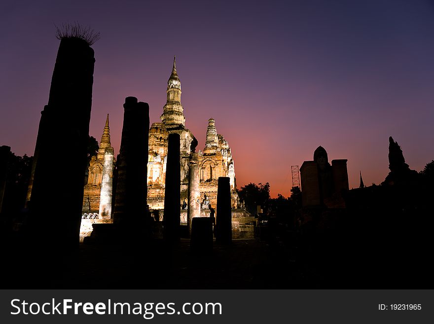 Atmosphere at night the ancient city of Sukhothai Province. Light on the ancient city. Atmosphere at night the ancient city of Sukhothai Province. Light on the ancient city.