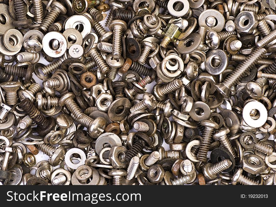 Collection of metal screws, spacers and nuts. Collection of metal screws, spacers and nuts