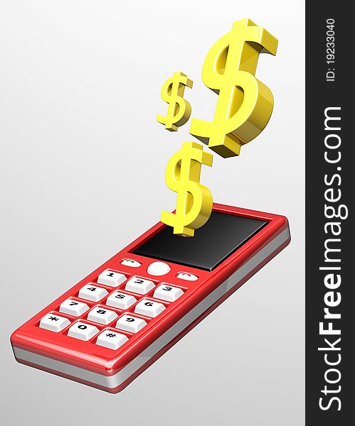 3D illustration of three dollar signs flying out of a Cell Phone. 3D illustration of three dollar signs flying out of a Cell Phone.