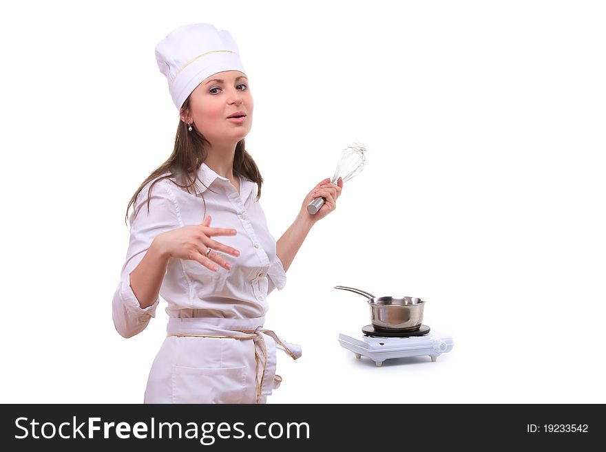 Beautiful young woman cooking isolated white background. Beautiful young woman cooking isolated white background