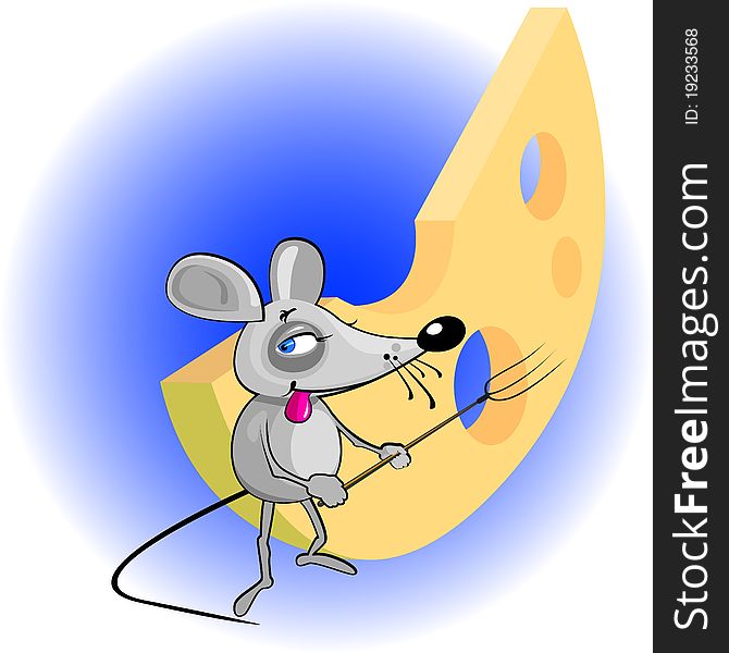 Little mouse eating cheese with a fork-cartoon. Little mouse eating cheese with a fork-cartoon