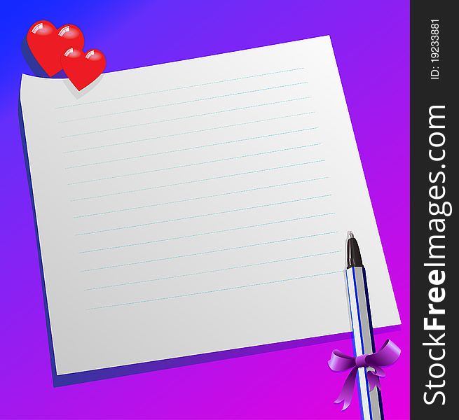 Pen,heart, bow,and message on purple background. Pen,heart, bow,and message on purple background