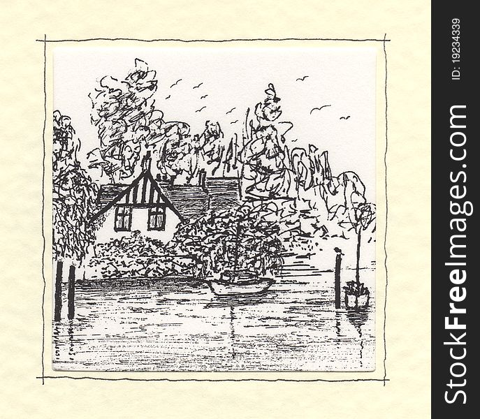 A simple illustration of a riverside country cottage in the spring time. A simple illustration of a riverside country cottage in the spring time.