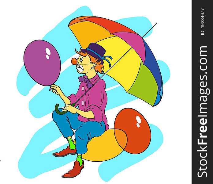 funny clown with balloons and umbrella