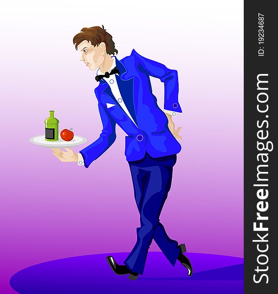 Young waiter in a cafe is a tray