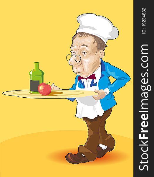 Chef brings food on a tray-cartoon. Chef brings food on a tray-cartoon
