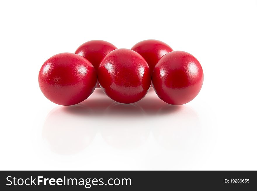 Five easter red eggs in white background. Five easter red eggs in white background