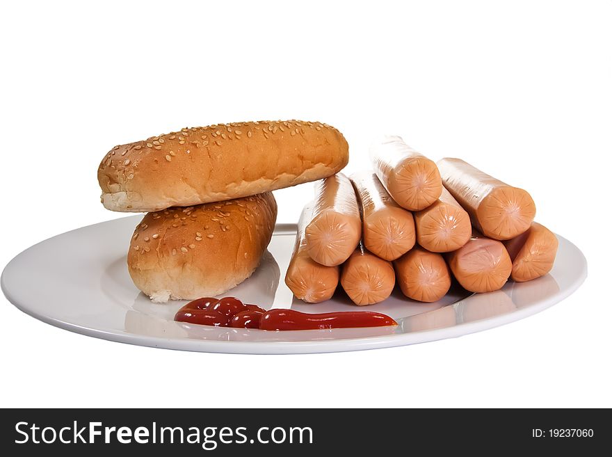 Picture of sausages, bread with ketchup. Picture of sausages, bread with ketchup