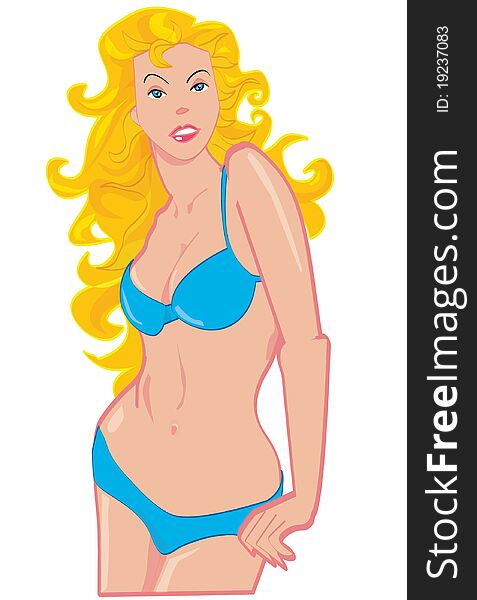Cartoon of blonde with blue bikini. Isolated on white